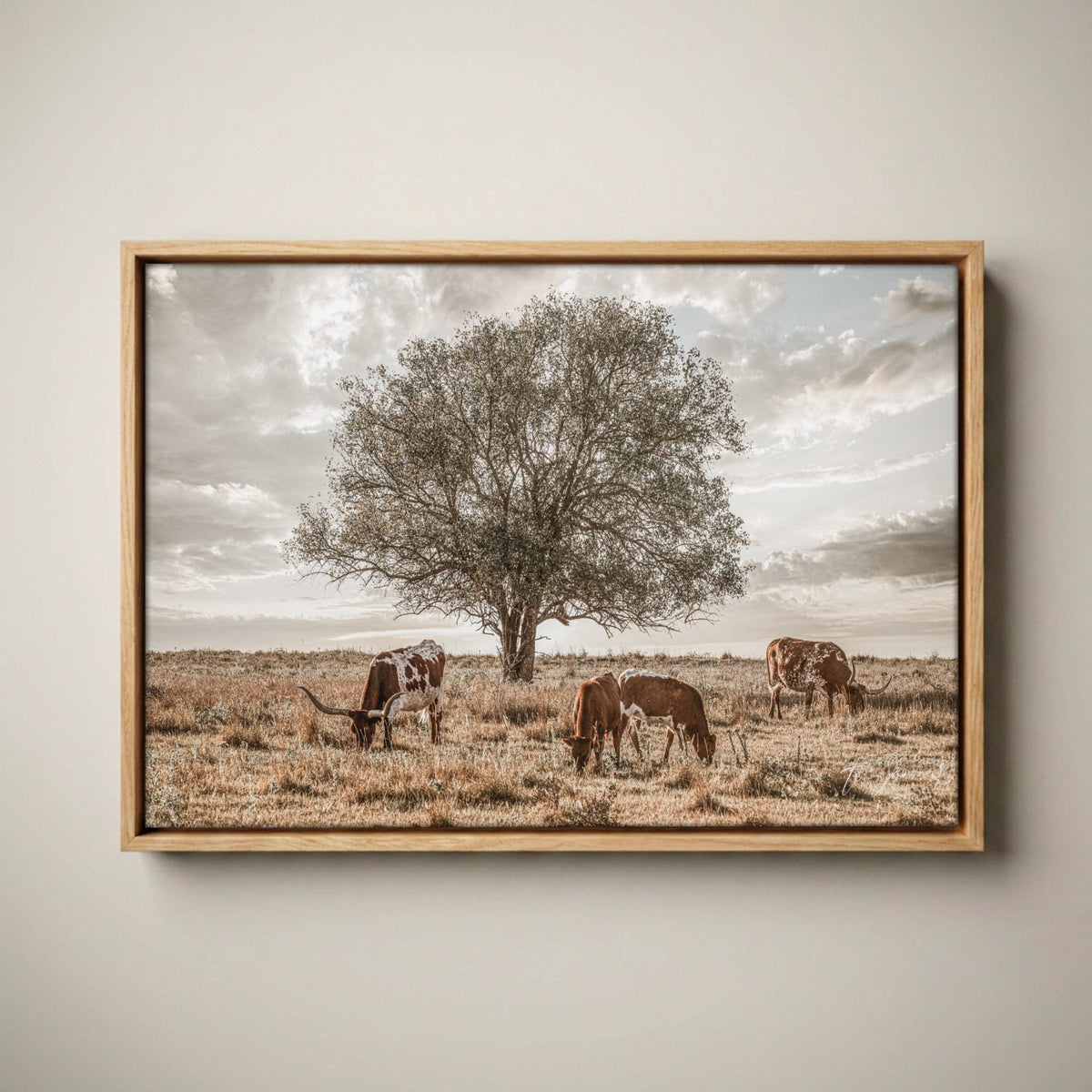 Western Landscape Art - Flint Hills Rustic Wall Decor Canvas-Natural Oak Float Frame / 12 x 18 Inches