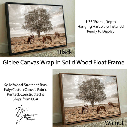 Western Landscape Art - Flint Hills Rustic Wall Decor With Longhorn Cattle Canvas-Black Frame / 12 x 18 Inches Wall Art Teri James Photography