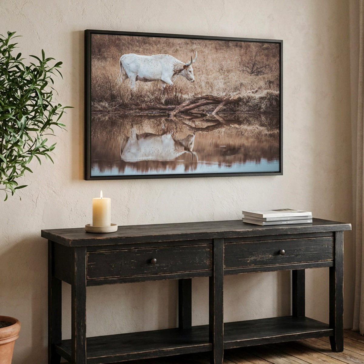 Western Living Room Decor - Longhorn Wall art Canvas-Black Frame / 12 x 18 Inches
