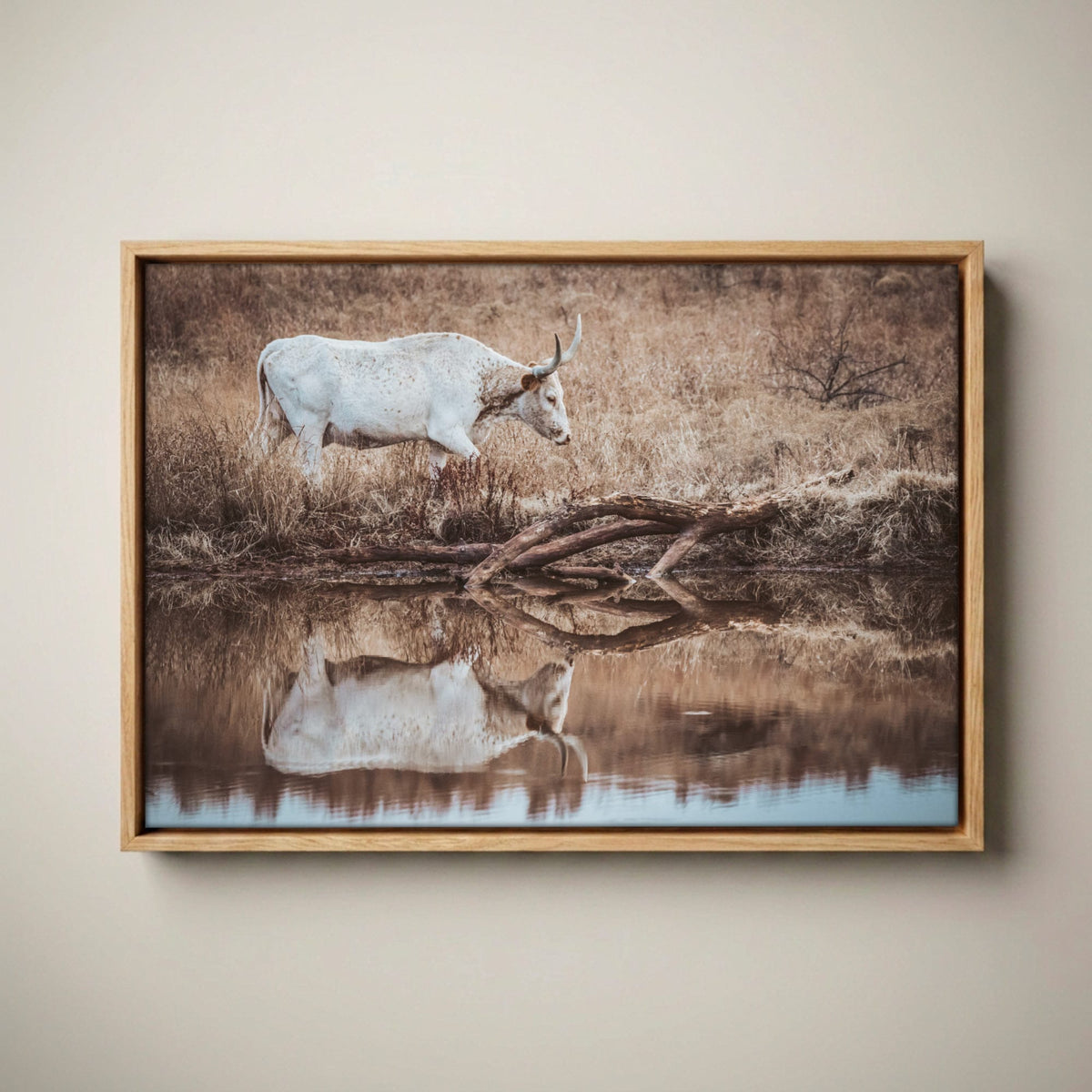 Western Living Room Decor - Longhorn Wall art Canvas-Natural Oak Float Frame / 12 x 18 Inches