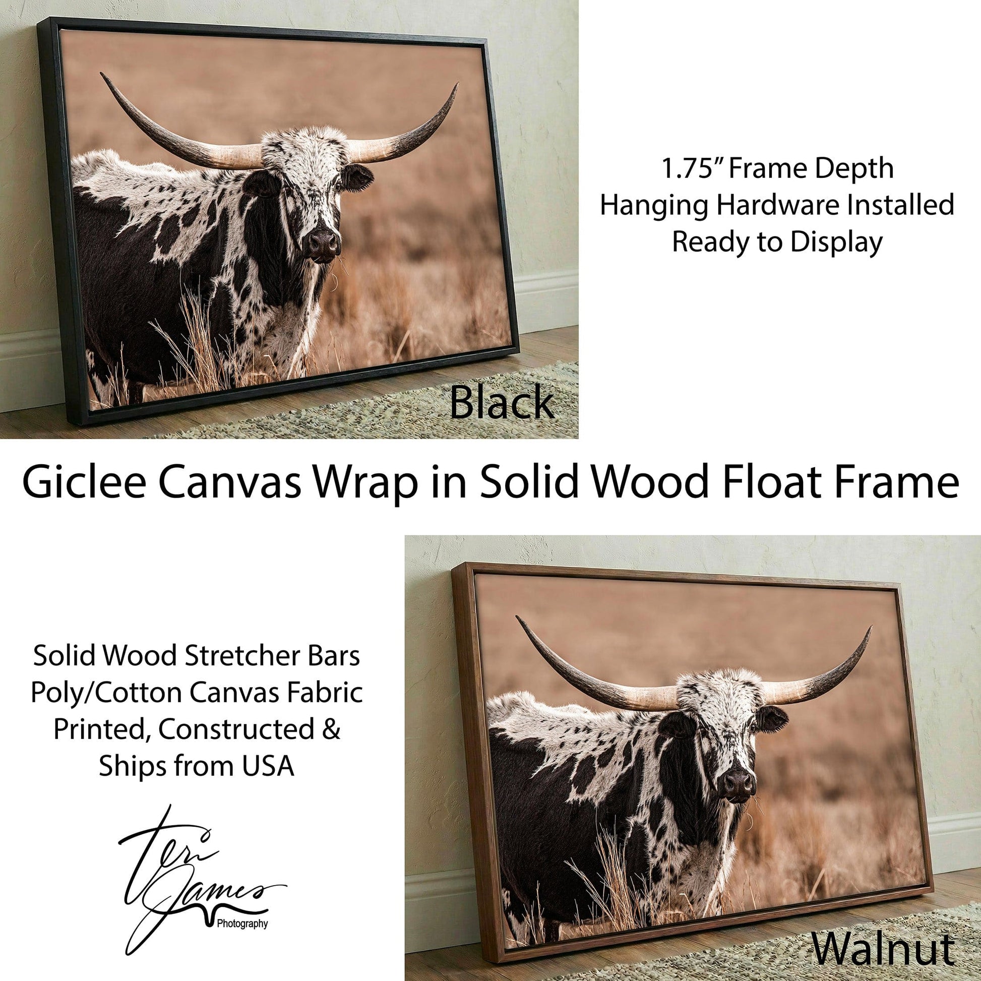 Western Longhorn Wall Art - Large Rustic Canvas Print for Country Living Canvas-Black Frame / 12 x 18 Inches Wall Art Teri James Photography