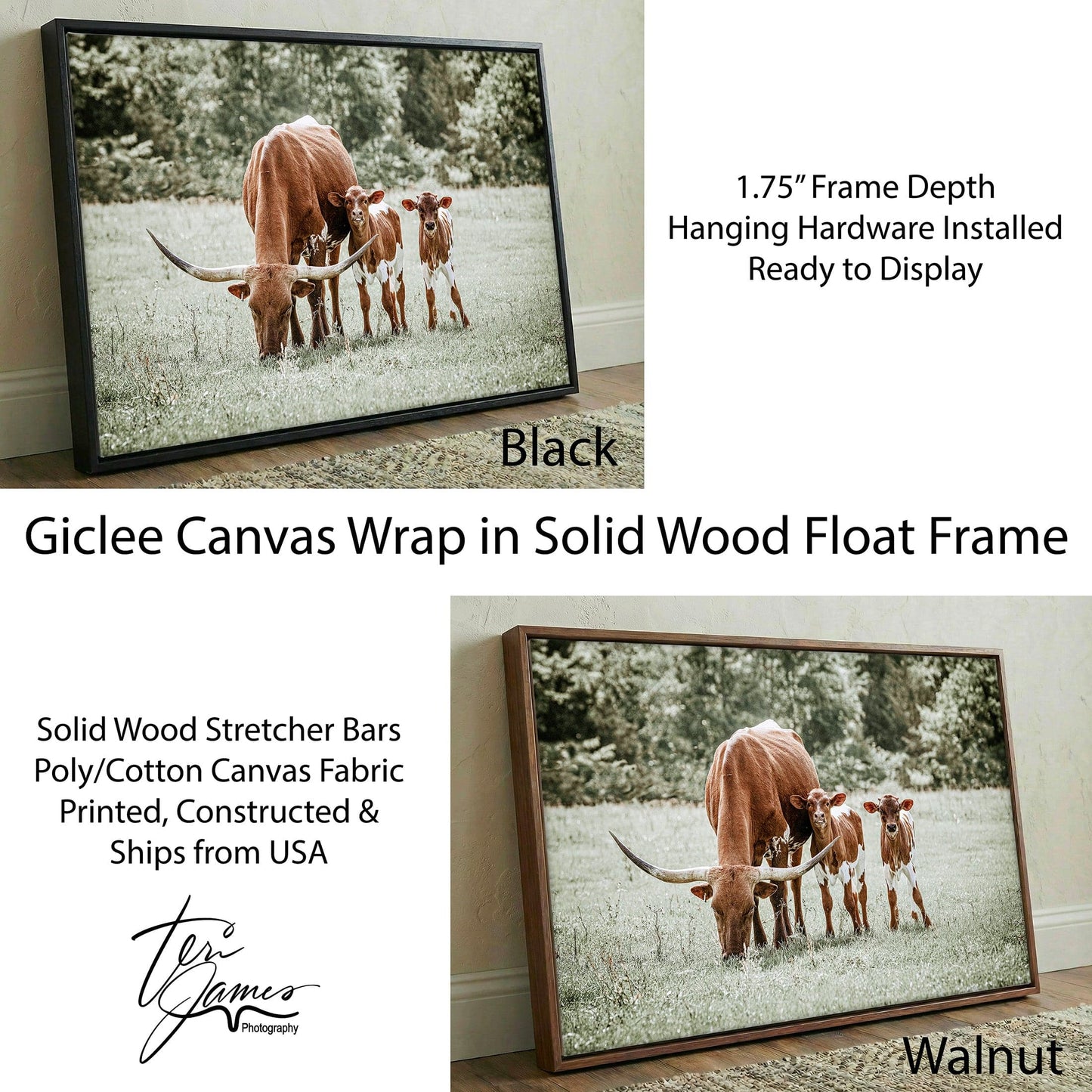 Western Nursery Wall Art – Longhorn Cow & Twin Calves Rustic Nursery Decor Canvas-Black Frame / 12 x 18 Inches Wall Art Teri James Photography