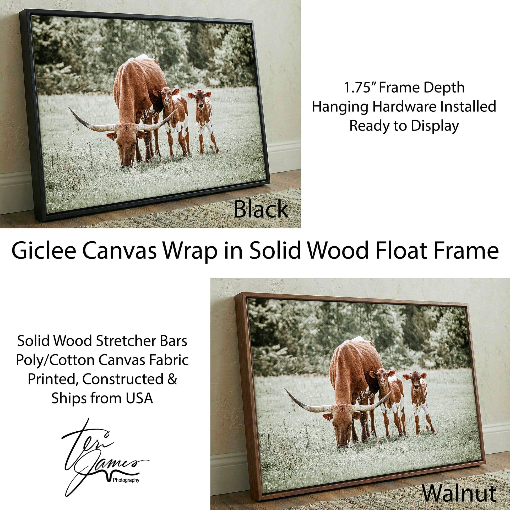 Western Nursery Wall Art – Longhorn Cow & Twin Calves Rustic Nursery Decor Canvas-Black Frame / 12 x 18 Inches Wall Art Teri James Photography