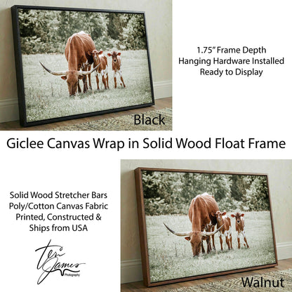 Western Nursery Wall Art – Longhorn Cow & Twin Calves Rustic Nursery Decor Canvas-Black Frame / 12 x 18 Inches Wall Art Teri James Photography