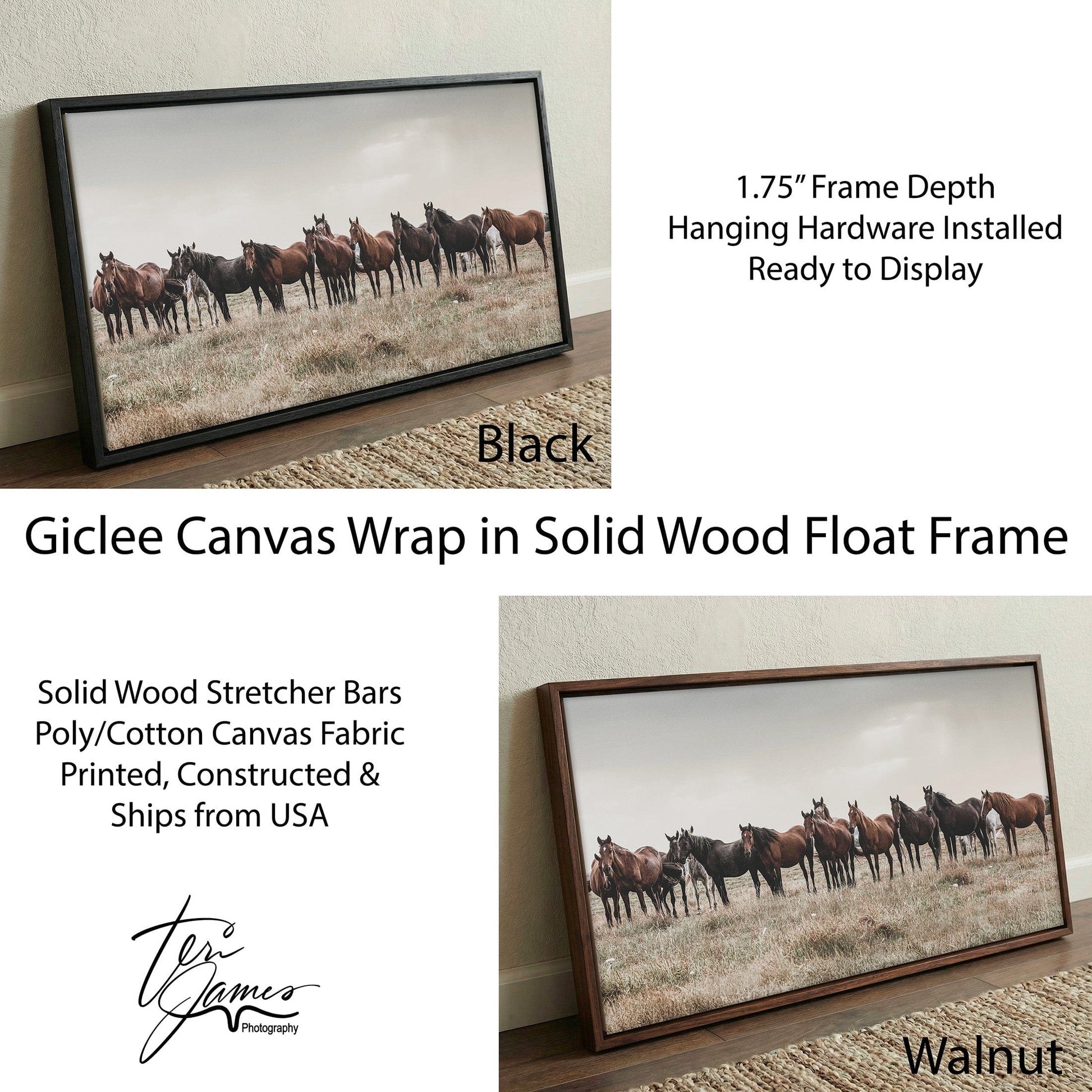 Western Panorama Canvas Print – Wild Horse Wall Art With Scenic Landscape Canvas-Black Frame / 10 x 20 Inches Wall Art Teri James Photography