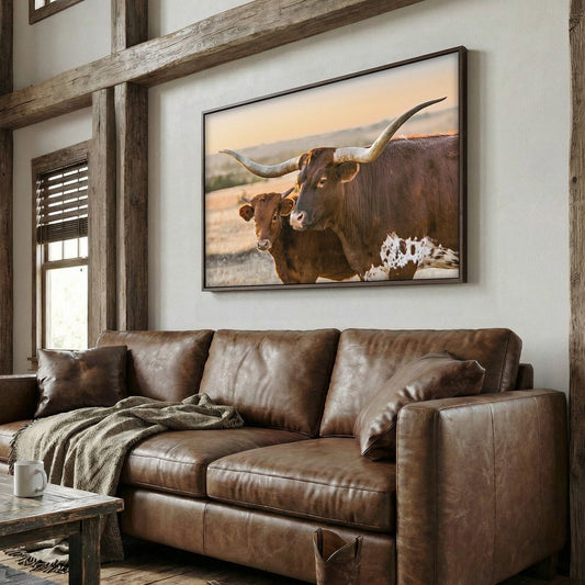 Western Room Decor - Longhorn Cattle Art Rustic Canvas Print - Texas Style Wall Art Teri James Photography