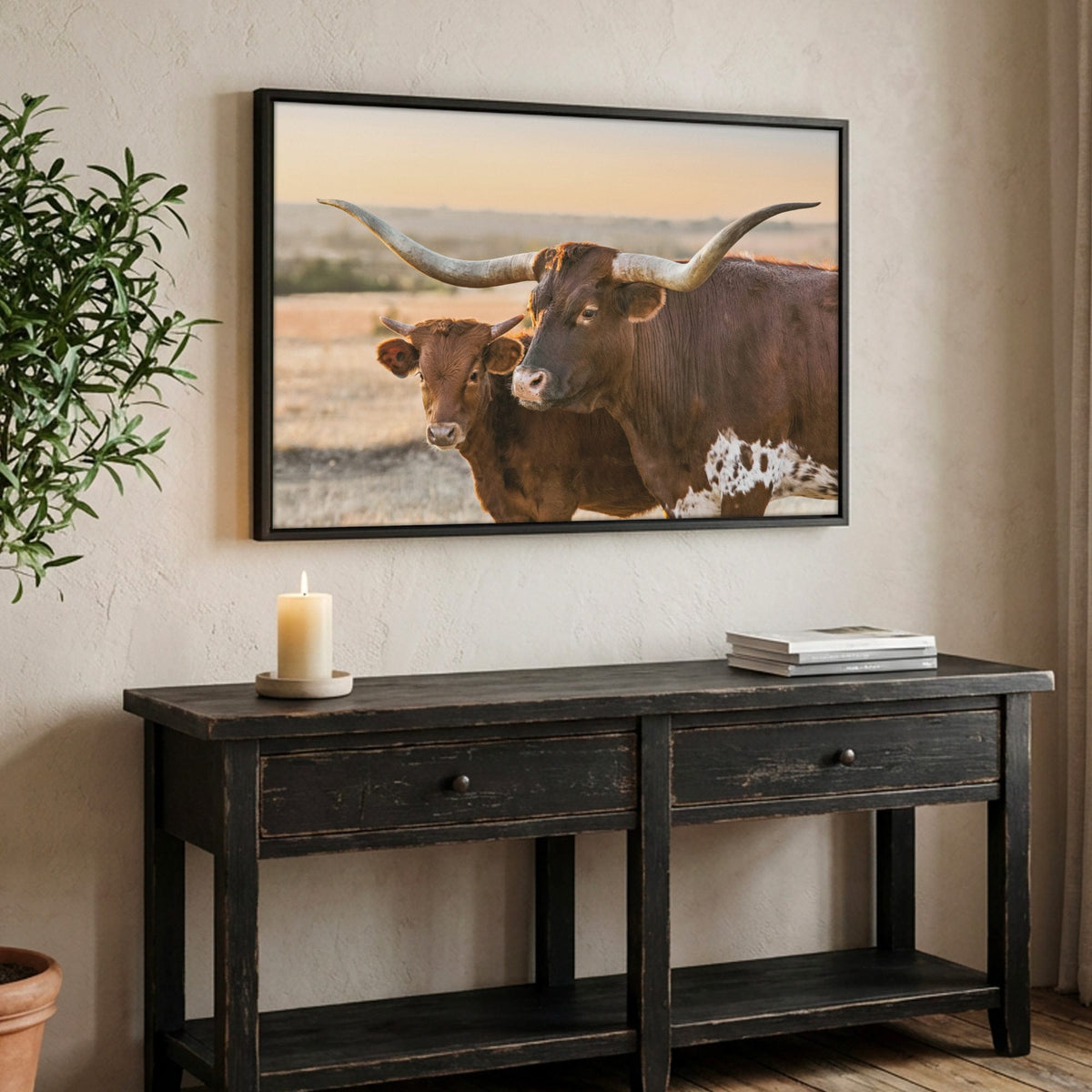 Western Room Decor - Longhorn Cattle Art Canvas-Black Frame / 12 x 18 Inches