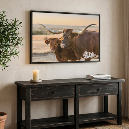 Western Room Decor - Longhorn Cattle Art Canvas-Black Frame / 12 x 18 Inches