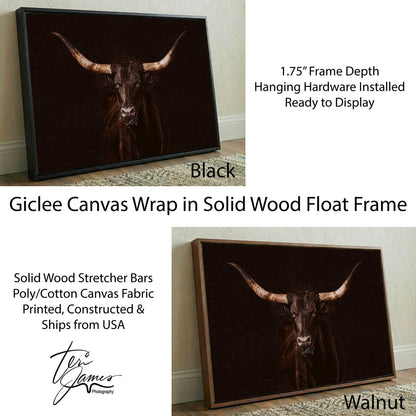 Western Wall Art - Dramatic Black Longhorn Canvas Print - Rustic Cowboy Decor Canvas-Black Frame / 12 x 18 Inches Wall Art Teri James Photography