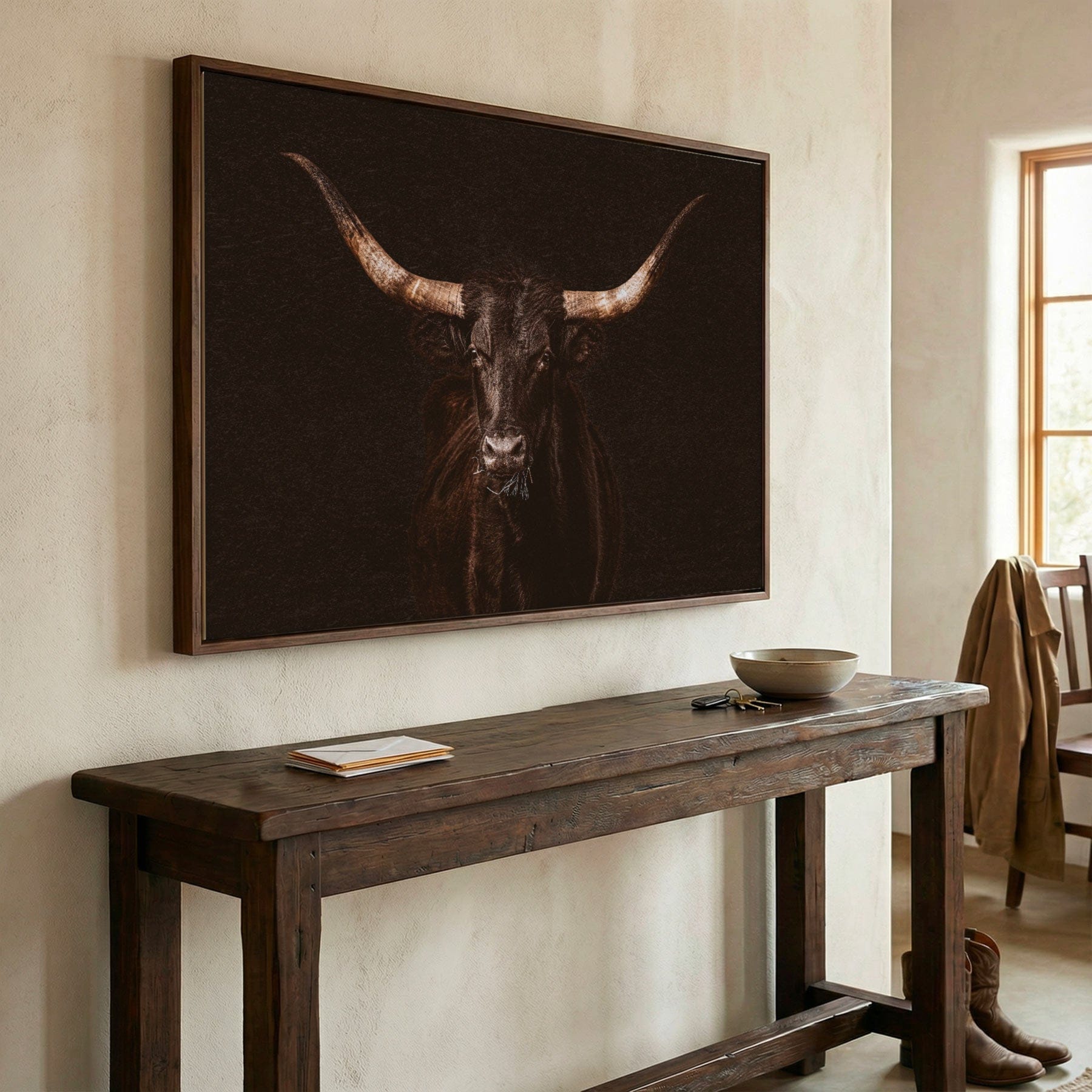 Western Wall Art - Dramatic Black Longhorn Canvas Print - Rustic Cowboy Decor Wall Art Teri James Photography