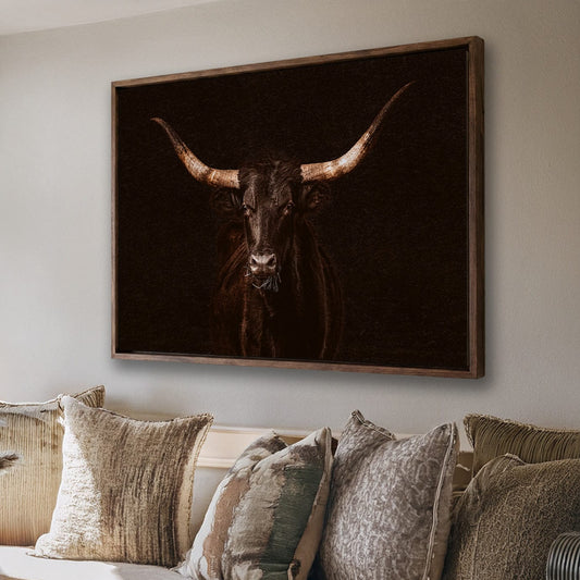 Western Wall Art - Dramatic Black Longhorn Canvas Print - Rustic Cowboy Decor Wall Art Teri James Photography