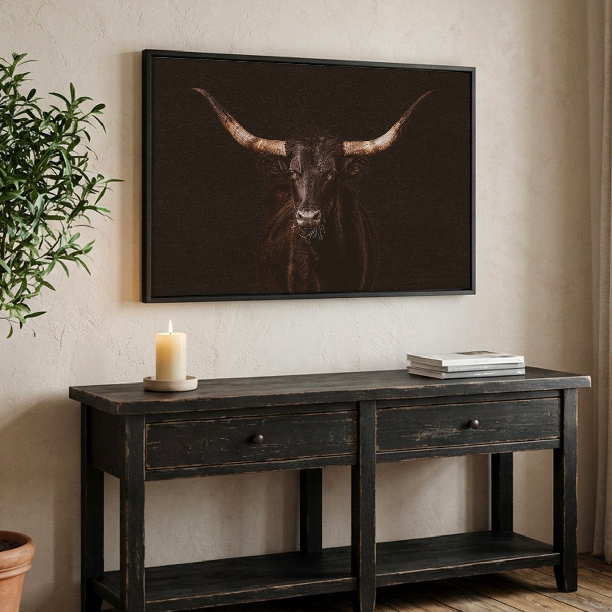 Western Wall Art - Dramatic Black Longhorn Canvas Print Canvas-Black Frame / 12 x 18 Inches