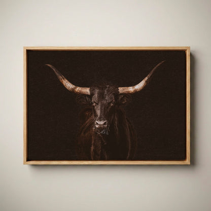 Western Wall Art - Dramatic Black Longhorn Canvas Print Canvas-Natural Oak Float Frame / 12 x 18 Inches