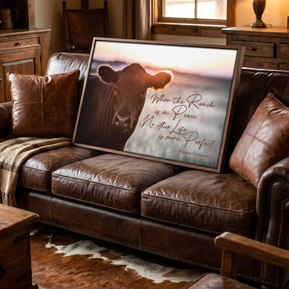 When the Ranch Is in Peace | Black Angus Inspirational Canvas Print Canvas-Walnut Frame / 12 x 18 Inches