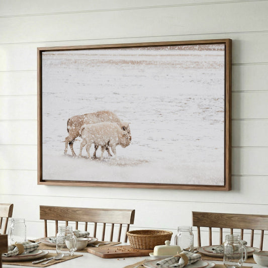 White Buffalo Wall Art - Buffalo Canvas Print With Cow and Calf Wildlife Decor Wall Art Teri James Photography