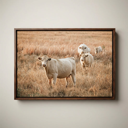White Charolais Cows - Rustic Western Cattle Wall Art