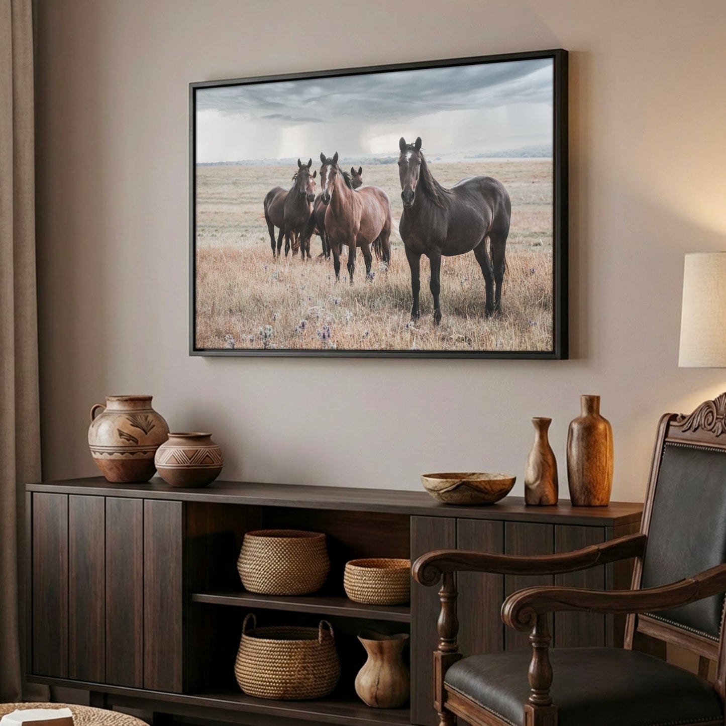 Wild Horses Wall Decor - Rustic Western Horse Art Stormy Sky Canvas Print Wall Art Teri James Photography