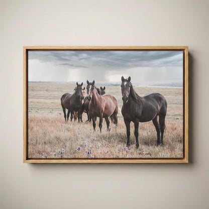 Wild Horses Wall Decor - Rustic Western Horse Art Stormy Sky Canvas-Natural Oak Float Frame / 12 x 18 Inches