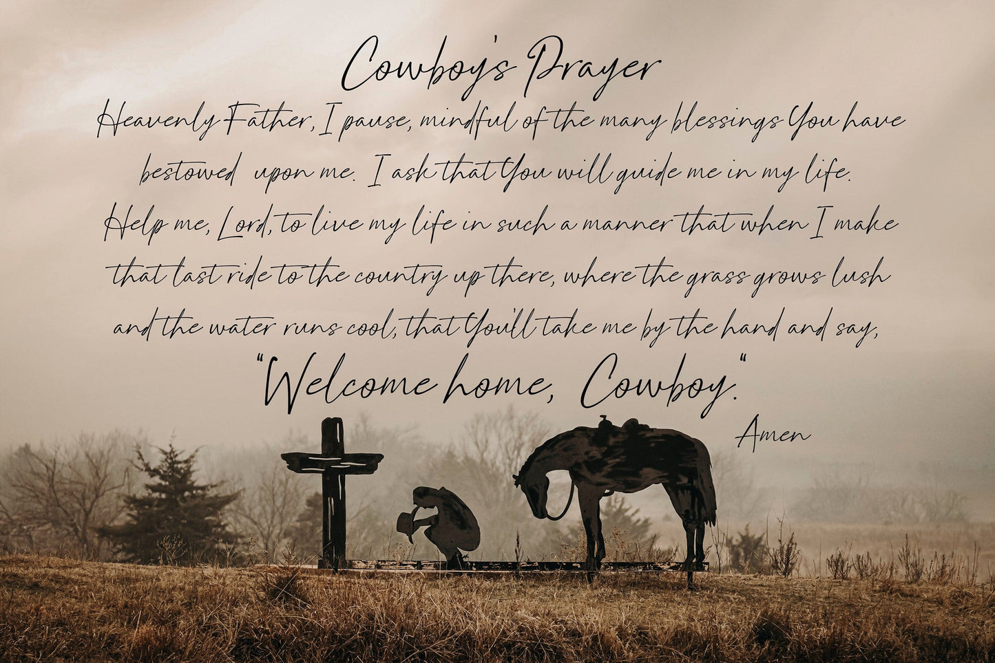 Cowboy Prayer Wall Art Canvas- Praying Cowboy and Horse Paper Photo Print / 12 x 18 Inches Wall Art Teri James Photography