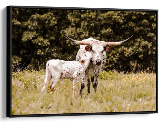 Teri James Photography Wall Art Canvas-Black Frame / 12 x 18 Inches Longhorn Cow and Calf Art for Western Nursery