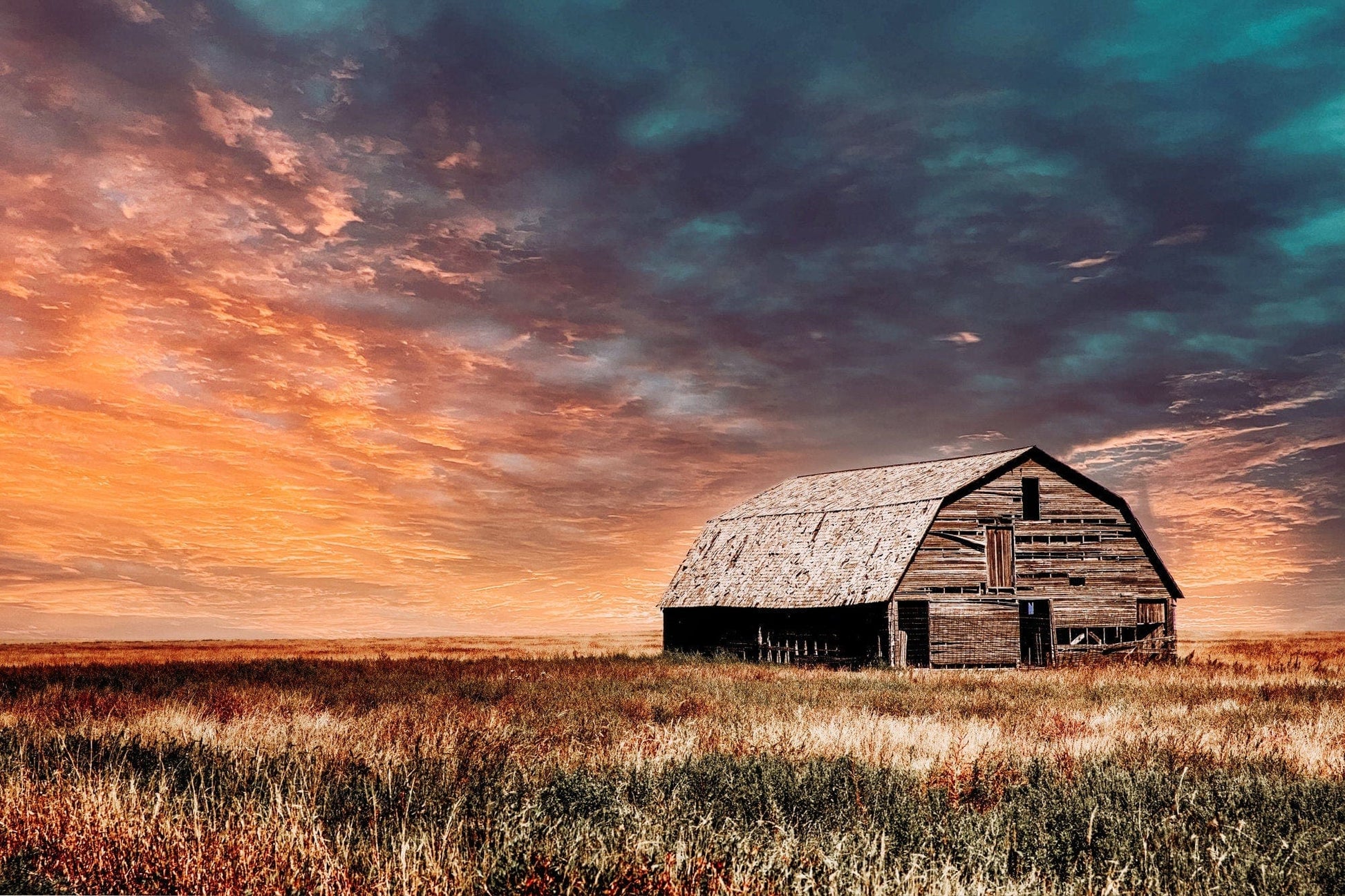 Old Barn and Colorful Sunset Wall Art Paper Photo Print / 12 x 18 Inches Wall Art Teri James Photography