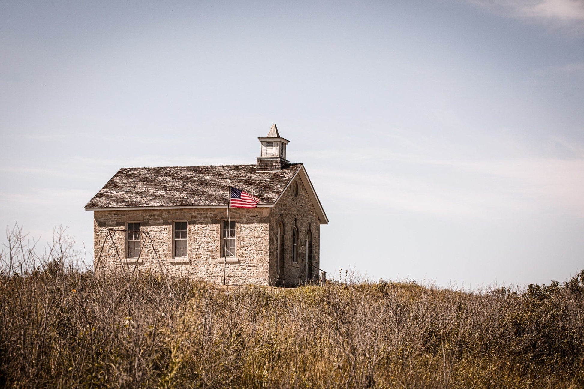 Pioneer School with American Flag Paper Photo Print / 12 x 18 Inches Wall Art Teri James Photography