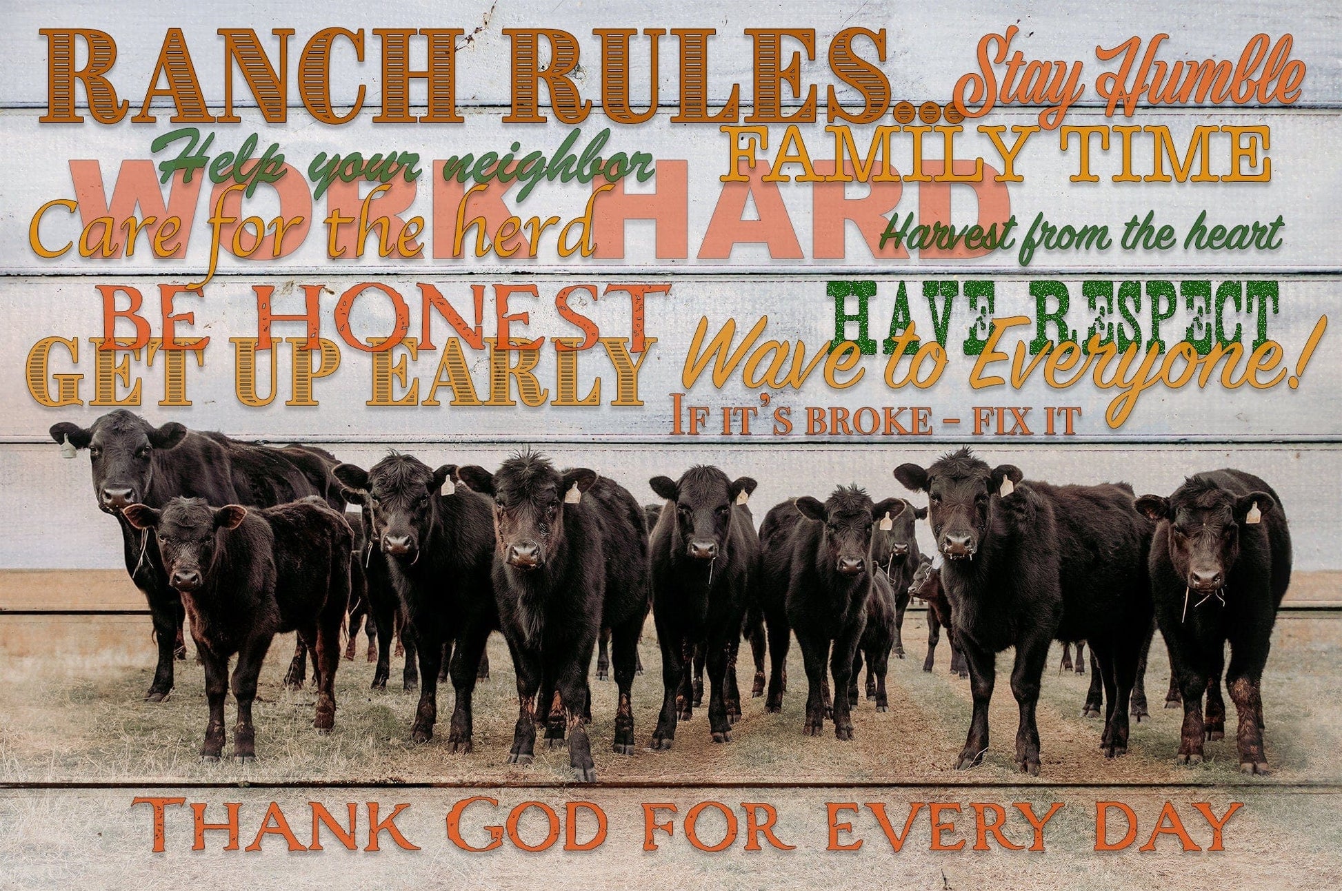 Teri James Photography Wall Art Paper Photo Print / 12 x 18 Inches Ranch Rules Inspirational Quotes about Farming and Ranching - Black Angus