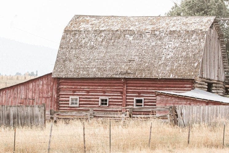 Teri James Photography Wall Art Rustic Old Red Barn and Corral in Farmhouse Colors