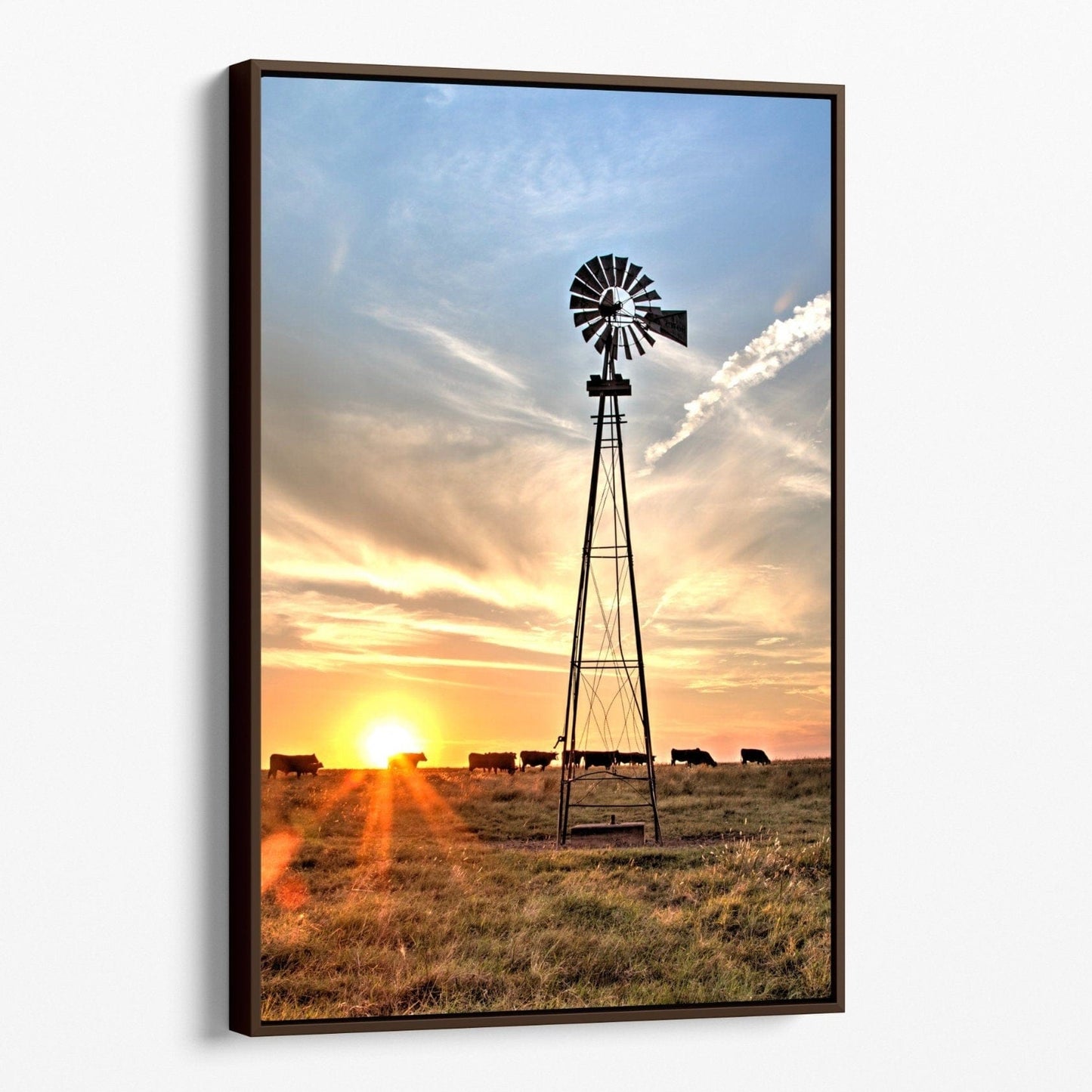 Teri James Photography Wall Art Canvas-Walnut Frame / 12 x 18 Inches Rustic Windmill and Black Angus Cattle at Sunset