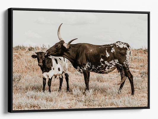 Teri James Photography Wall Art Canvas-Black Frame / 12 x 18 Inches Texas Longhorn Cow & Calf Western Nursery Wall Art
