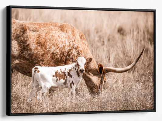 Teri James Photography Wall Art Canvas-Black Frame / 12 x 18 Inches Texas Longhorn Nursery Wall Art - Longhorn Cow and Calf