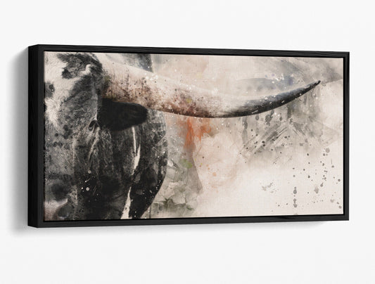 Texas Longhorn Panoramic Watercolor Art Canvas-Black Frame / 24 x 48 Inches Wall Art Teri James Photography